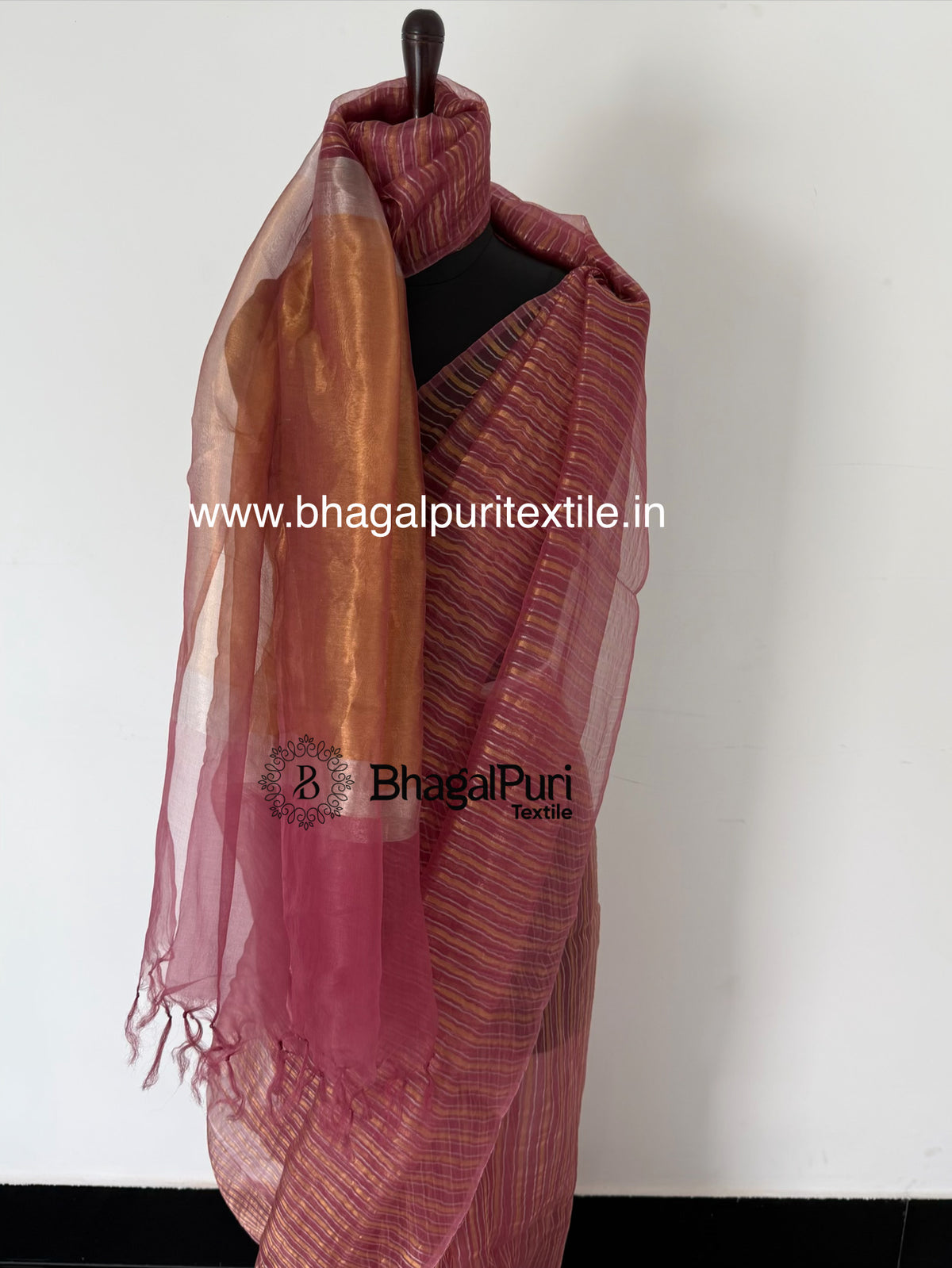 Onion Pink Gold & Silver Stripe Tissue Silk Saree (Search Code-10189).