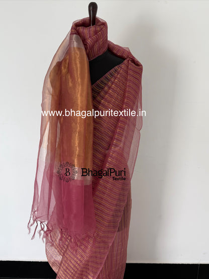 Onion Pink Gold & Silver Stripe Tissue Silk Saree (Search Code-10189).