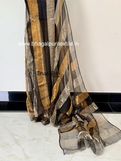 Royal Charcoal Gold & Silver Organza TissueSilk Saree  (Search Code-10193).
