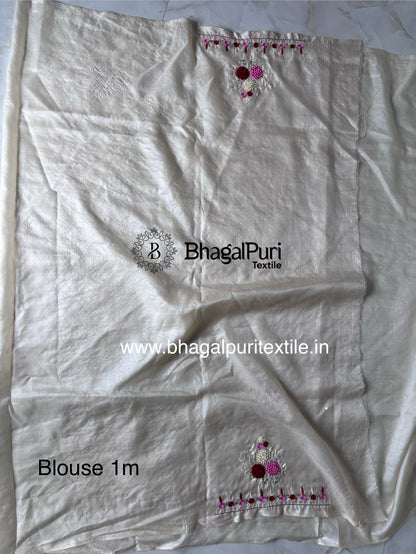 Pearl Veil Tussar Hand Embroidery Saree With Running 1M Blouse.(Search Code-10167)