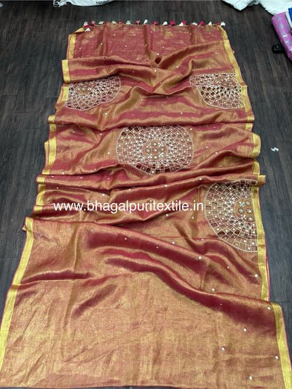 Tissue Linen  Cutwork Saree (Search Code-1038)