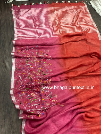 Rosewood Harmony Linen Hand Embroidered Saree ( Search Code-1030)