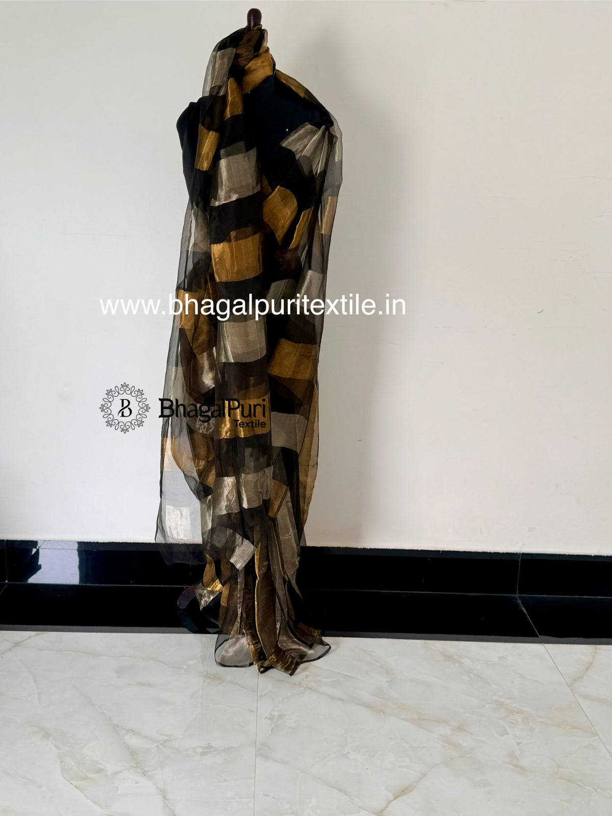 Royal Charcoal Gold & Silver Organza TissueSilk Saree  (Search Code-10193).