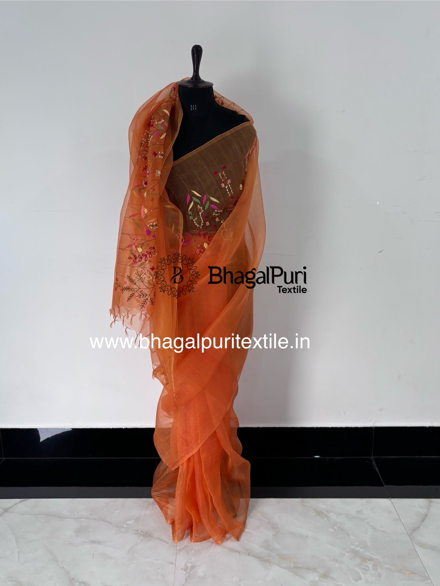 Festive Orange Organza Hand Embroidery work Saree With Running Blouse (Search code-10157)