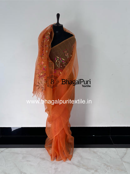 Festive Orange Organza Hand Embroidery work Saree With Running Blouse (Search code-10157)