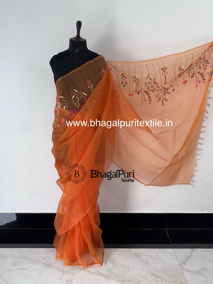 Festive Orange Organza Hand Embroidery work Saree With Running Blouse (Search code-10157)