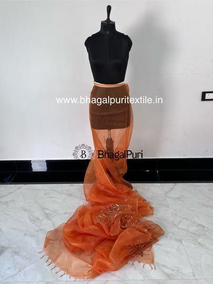 Festive Orange Organza Hand Embroidery work Saree With Running Blouse (Search code-10157)
