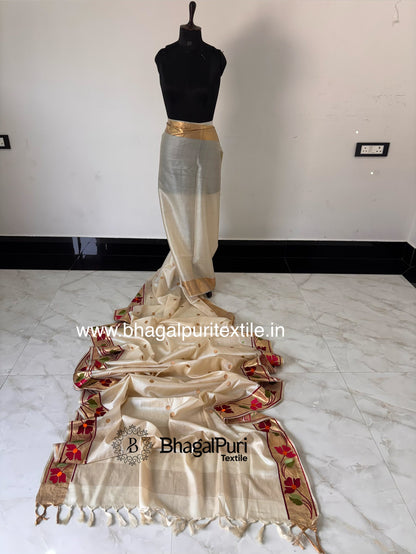 Floral Bloom Tussar Silk Saree with Golden Polka Details (Search Code-10163)