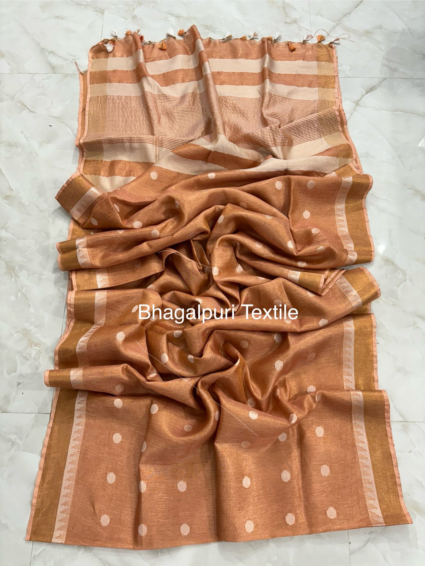 Polka Dot Linen Tissue Saree With Temple Border (Search Code-1057)