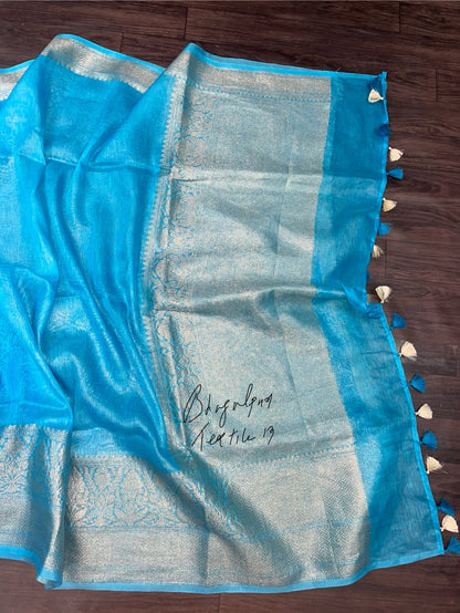 Linen Silk Banarasi Saree Tourquish(Search Code-10151)