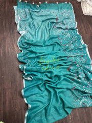 Fountain Blue Linen Hand Embroidered Saree & Blouse (Search Code-1013)