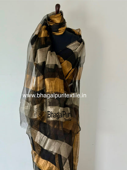 Royal Charcoal Gold & Silver Organza TissueSilk Saree  (Search Code-10193).