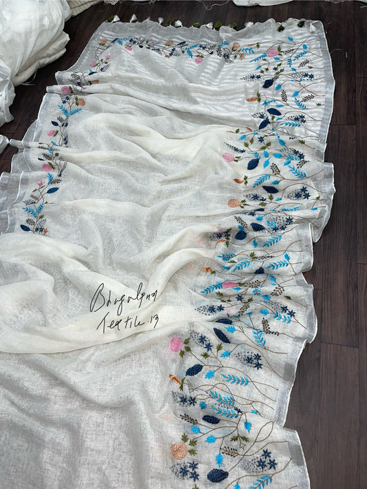 Majestic Handcrafted Linen Saree White (Search Code-1035)