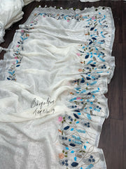 Majestic Handcrafted Linen Saree White (Search Code-1035)