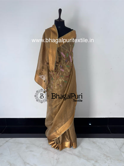 CopperGlow Handcrafted Tissue Saree With 1 m Work and Running Blouse 1m (Search code-10156).