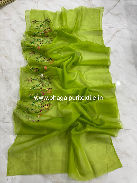 Green Leaf Pure Organza Silk Hand Embroidered Saree