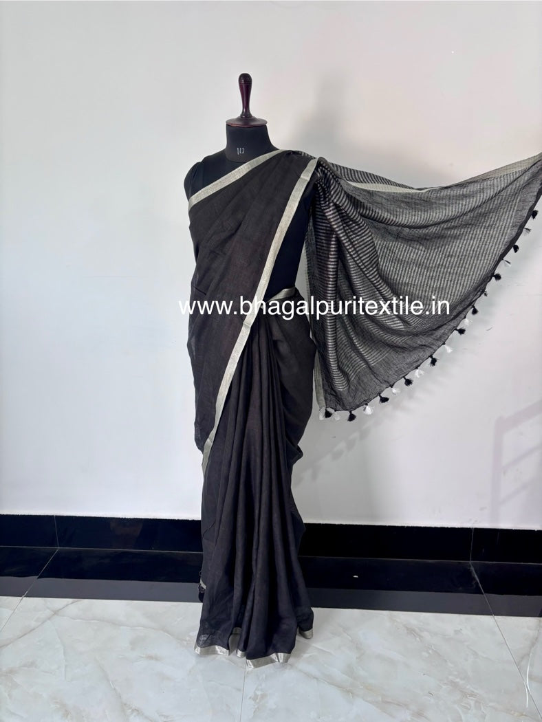 Tana Bana Linen Saree With Contrast Blouse 1 m (Search code-1080)