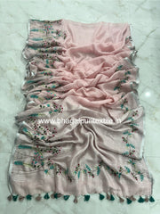 Rose Petal Hand Embroidered Linen Saree (Search Code-1044)