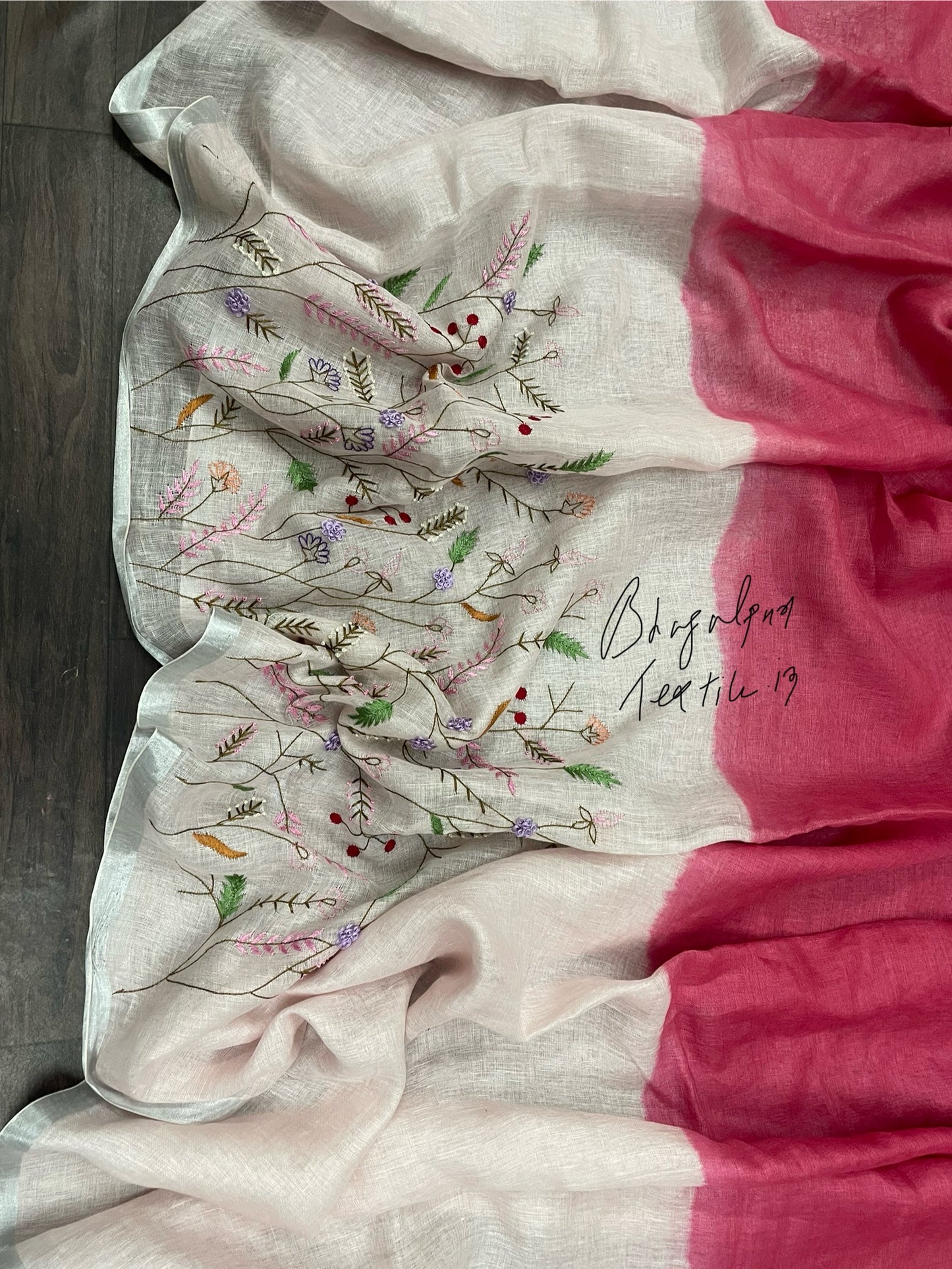 Cherry Red Linen Fenchknot Hand Embroidered Saree. (Search Code 1034)