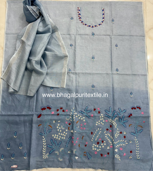 Linen Hand Embroidered Multi Color Dress material With dupatta (Search Code-1045).