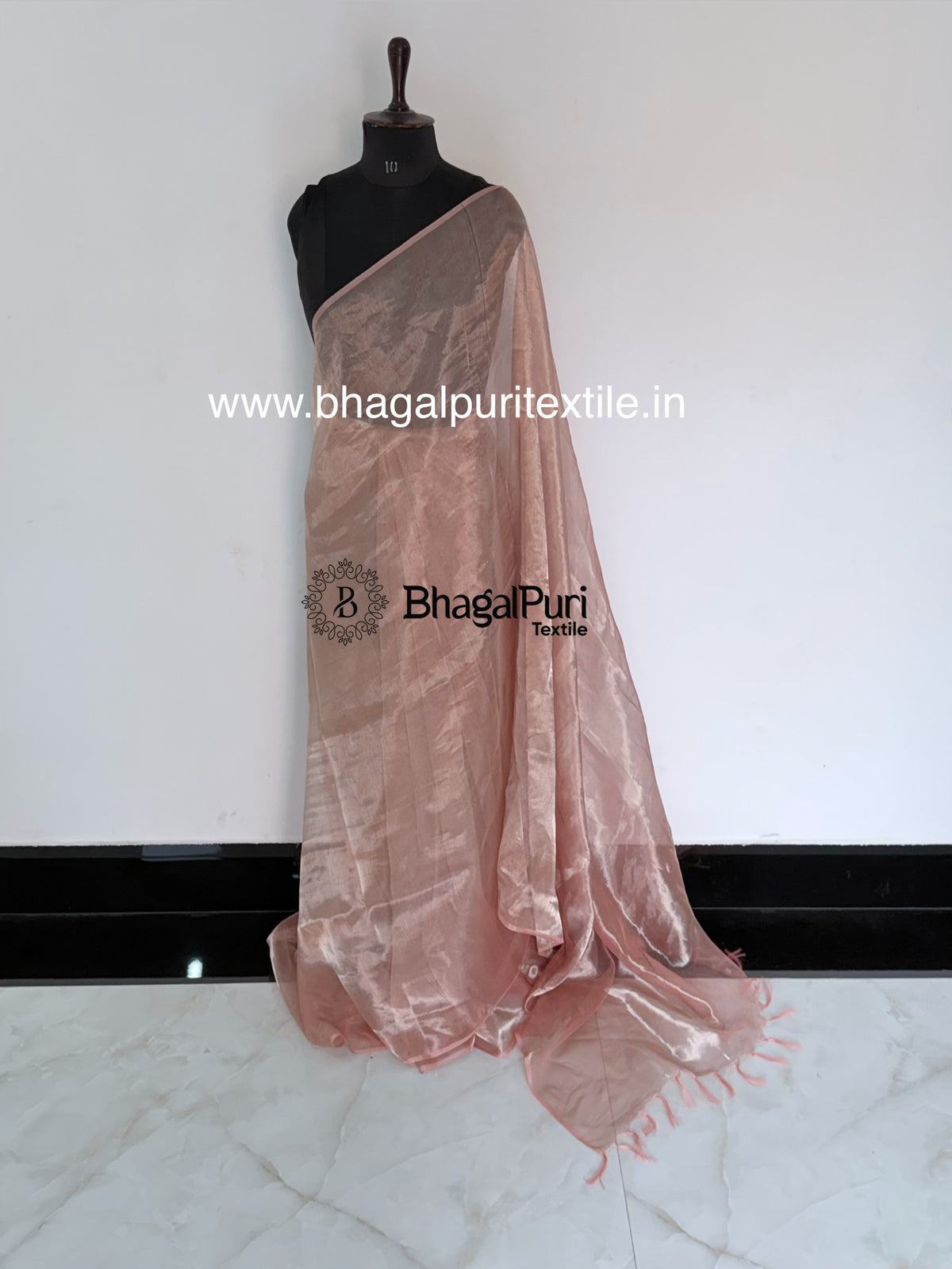 Powder Pink Glass Tissue Silk Saree with Running Blouse 1m (Search Code-10159).