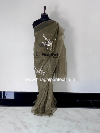 Organza Beads Work Saree Search Code 1046