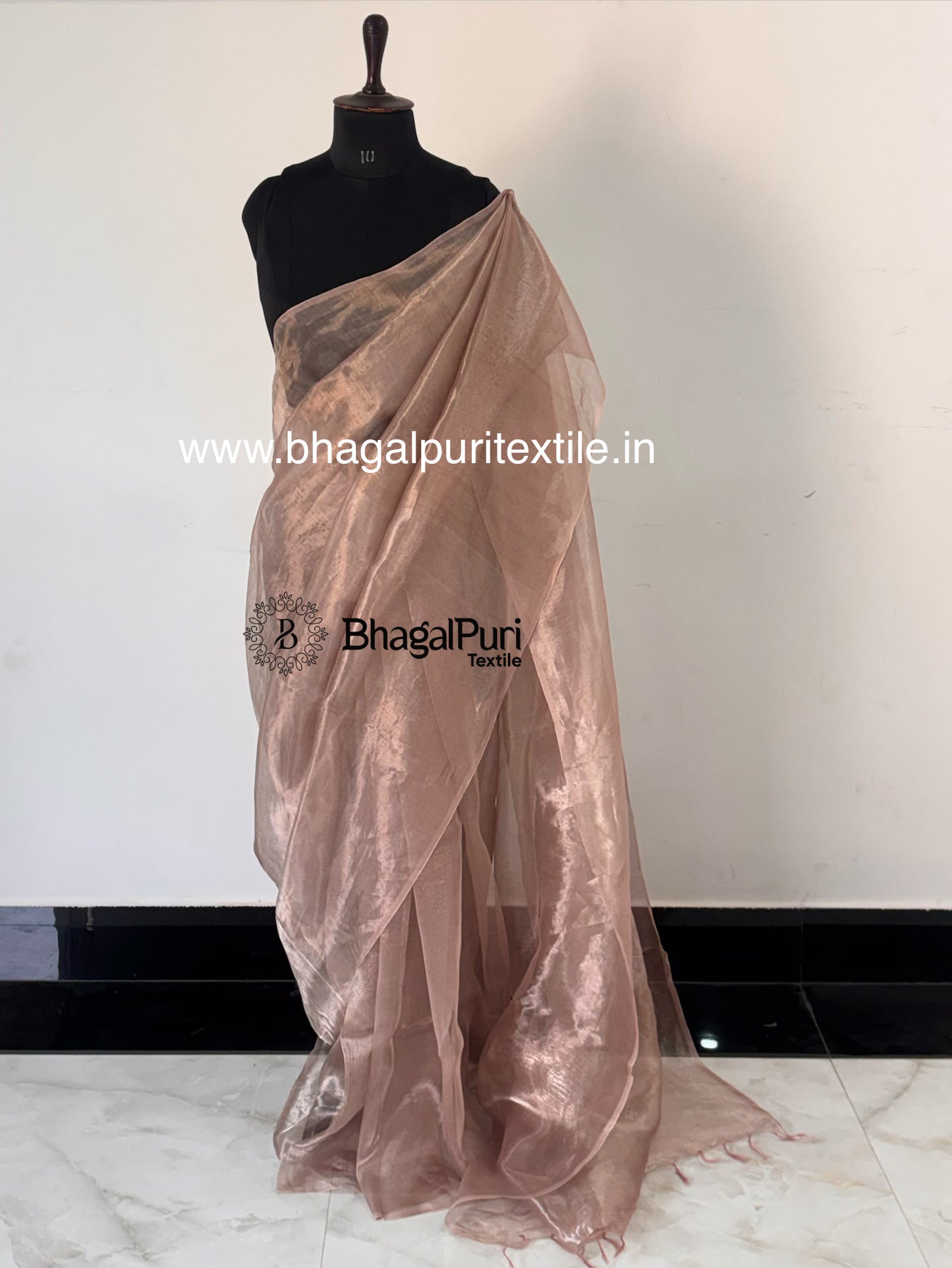 Ayla Champagne Rose Glass Tissue Silk Saree (Search code-10159).