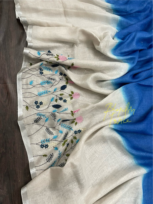 Linen White & Blue Dual Shade Fench knot Hand embroidered Saree (Search Code 1032)