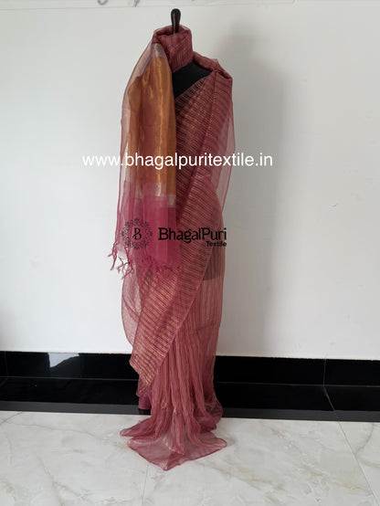 Onion Pink Gold & Silver Stripe Tissue Silk Saree (Search Code-10189).