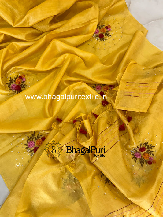 Golden Basant Yellow Pure Tussar Silk Designer Saree (Search Code-10168)