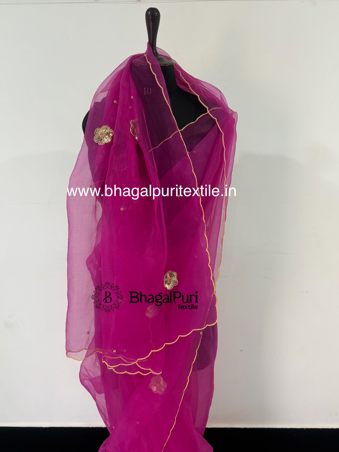 Gulnaar Bloom Magenta Pink Organza Handwork Saree with Floral Sequins & Scalloped Border (Search Code-10191).