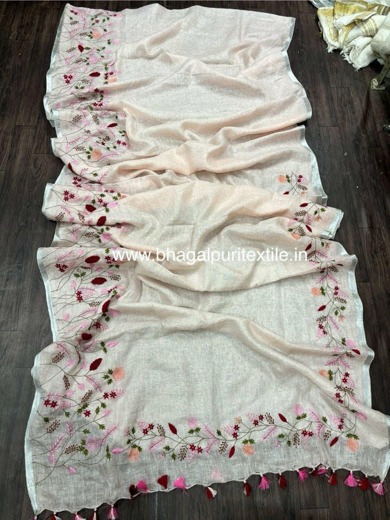 Majestic Handcrafted Linen Saree White (Search Code-1035)