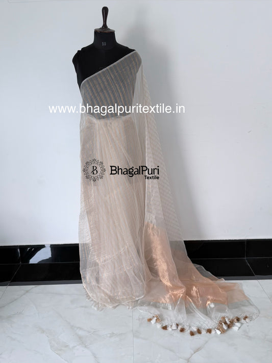 Sunehri Noor Ivory Silver&Gold Stripes Organza Tissue Saree (Search Code-10189).