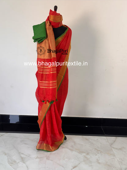 Carmine Pink Pure Linen Saree(Search Code-10127)