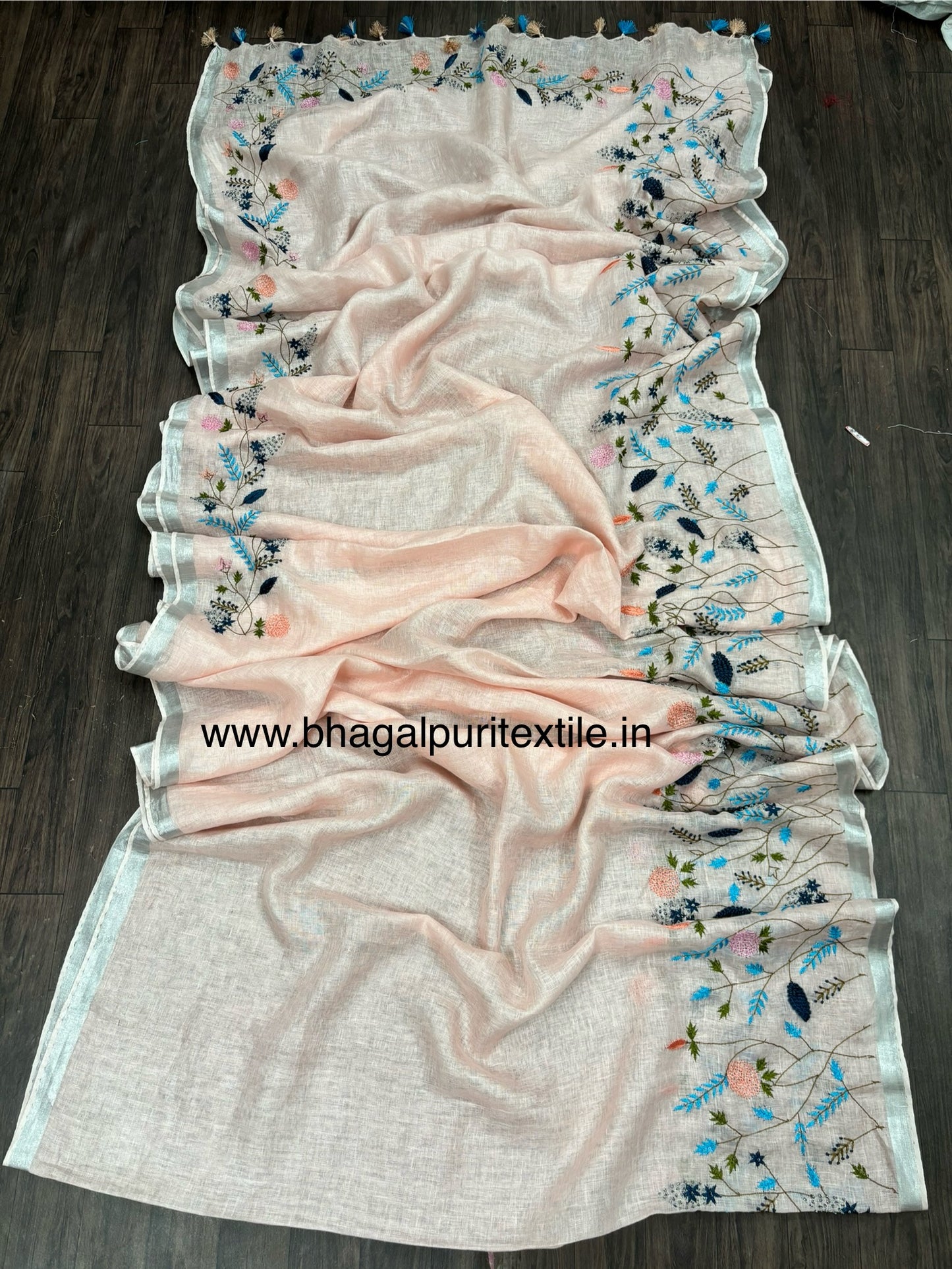 Rose Blush Elegance Linen Hand Embroidered Saree