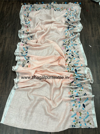 Rose Blush Elegance Linen Hand Embroidered Saree