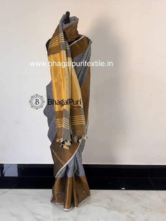Pure Linen Saree with Metallic Gold Border (Search code-10173).