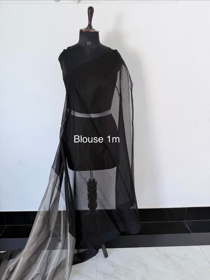 Premium Handloom Smoky Silver Tissue Silk Saree with Black Contrast Border & Contrast Blouse 1m (Search Code-10188)