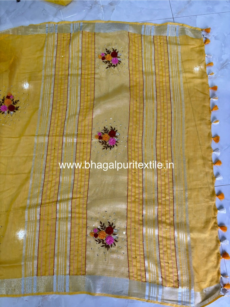 Golden Glow Cotton Hand Embroidered Fench knot Saree (Search Code -1025)