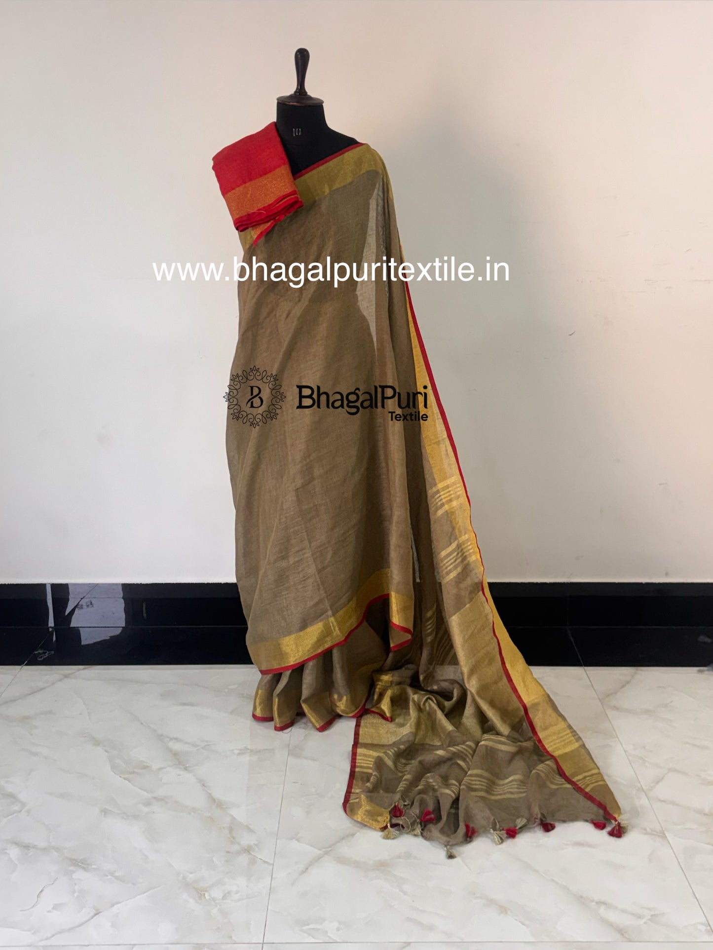 Soft Khaki Linen Saree with Bold Red Border (Search code-10183).