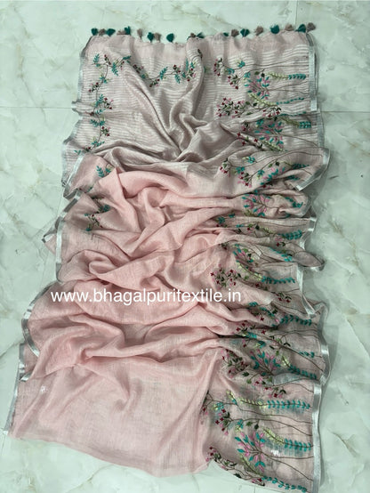 Rose Petal Hand Embroidered Linen Saree (Search Code-1044)