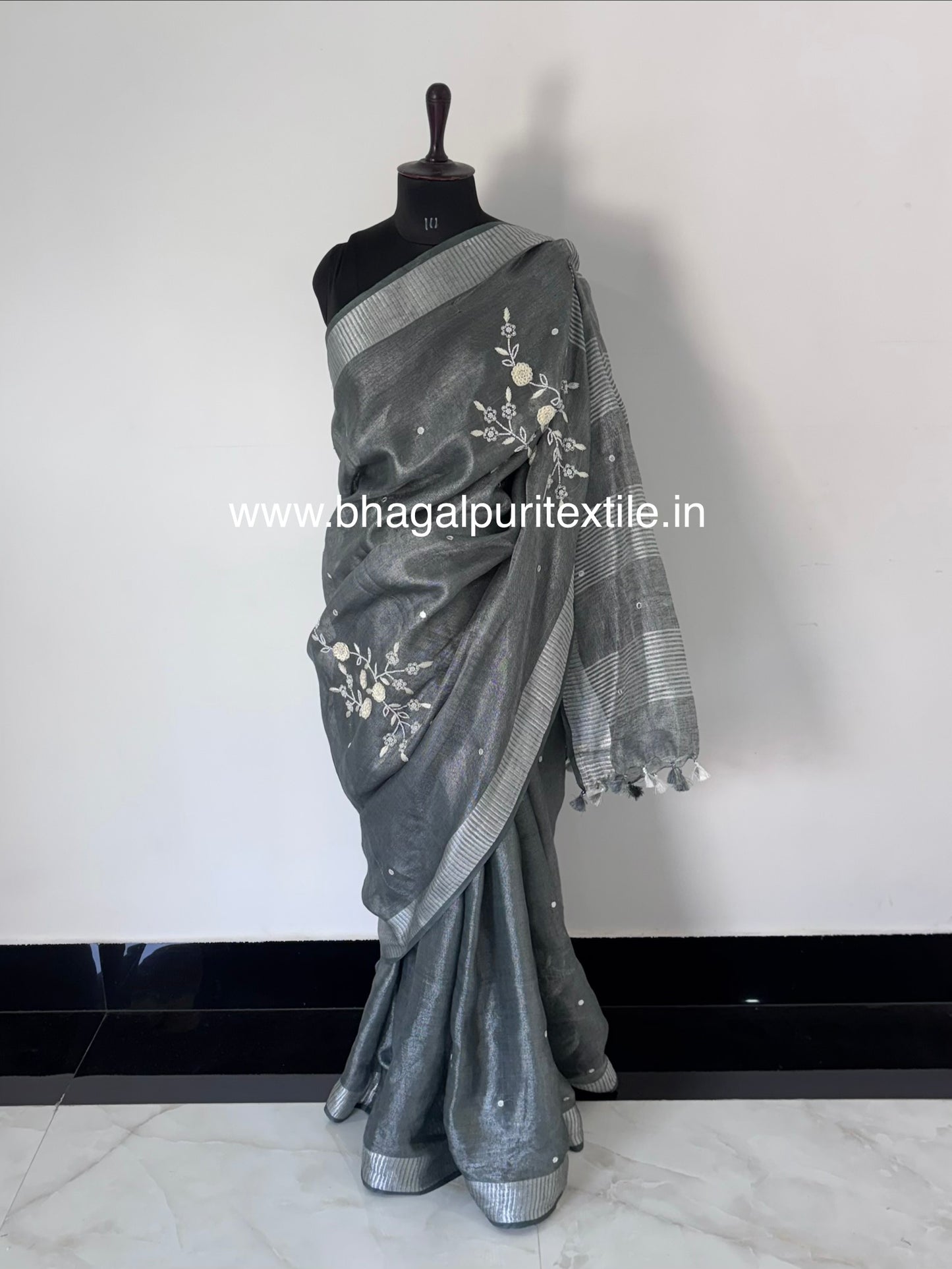 Tissue Linen Hand Embroidered Saree (Search Code -1006)