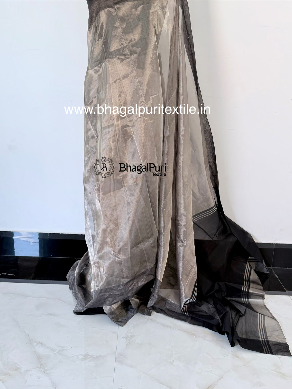 Premium Handloom Smoky Silver Tissue Silk Saree with Black Contrast Border & Contrast Blouse 1m (Search Code-10188)