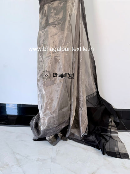 Premium Handloom Smoky Silver Tissue Silk Saree with Black Contrast Border & Contrast Blouse 1m (Search Code-10188)
