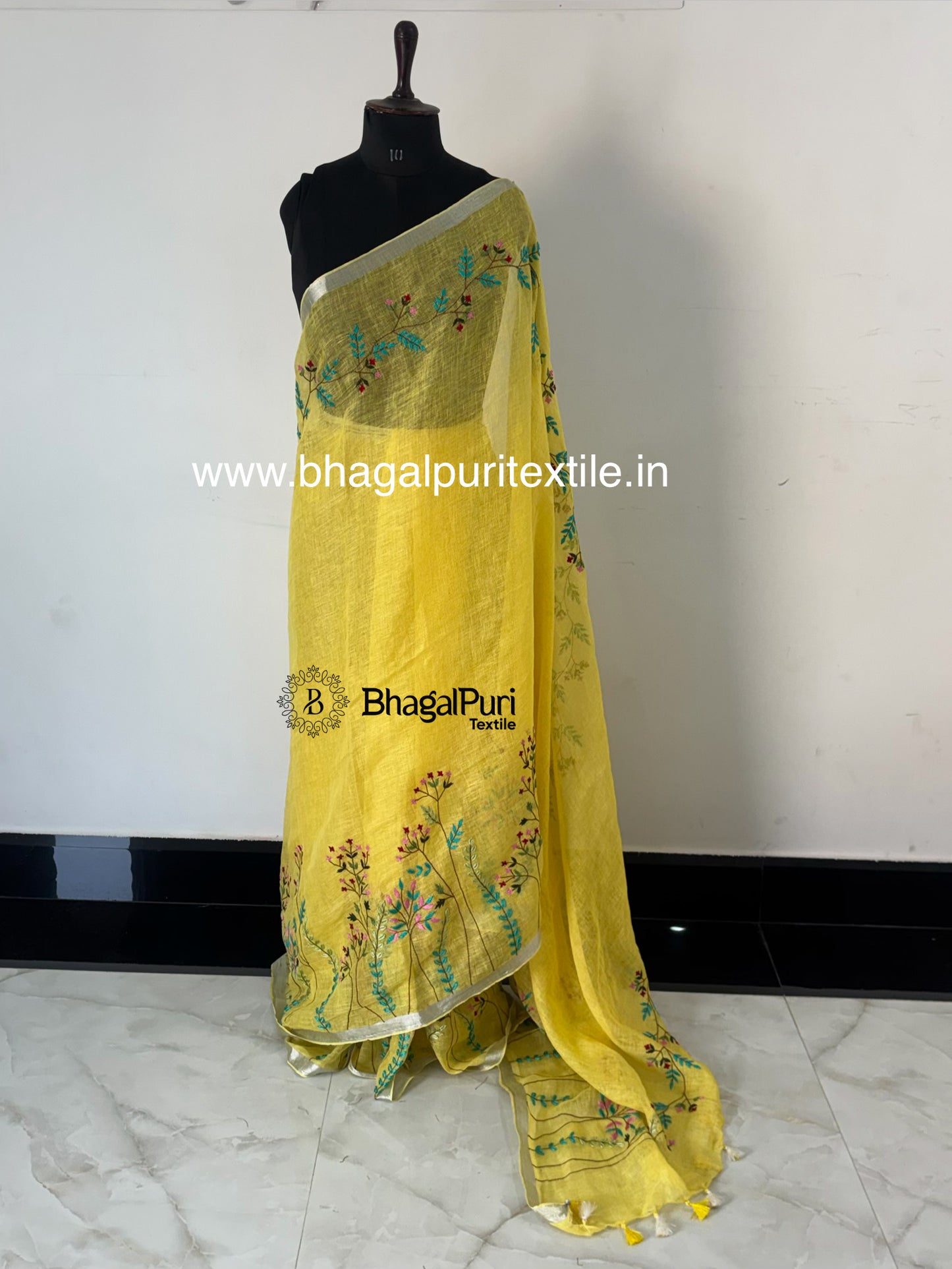 Sunshine Yellow Hand Embroidered Linen Saree (Search Code-1044)