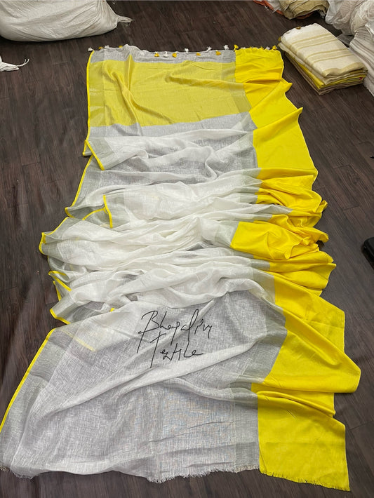 Maha paar yellow linen saree