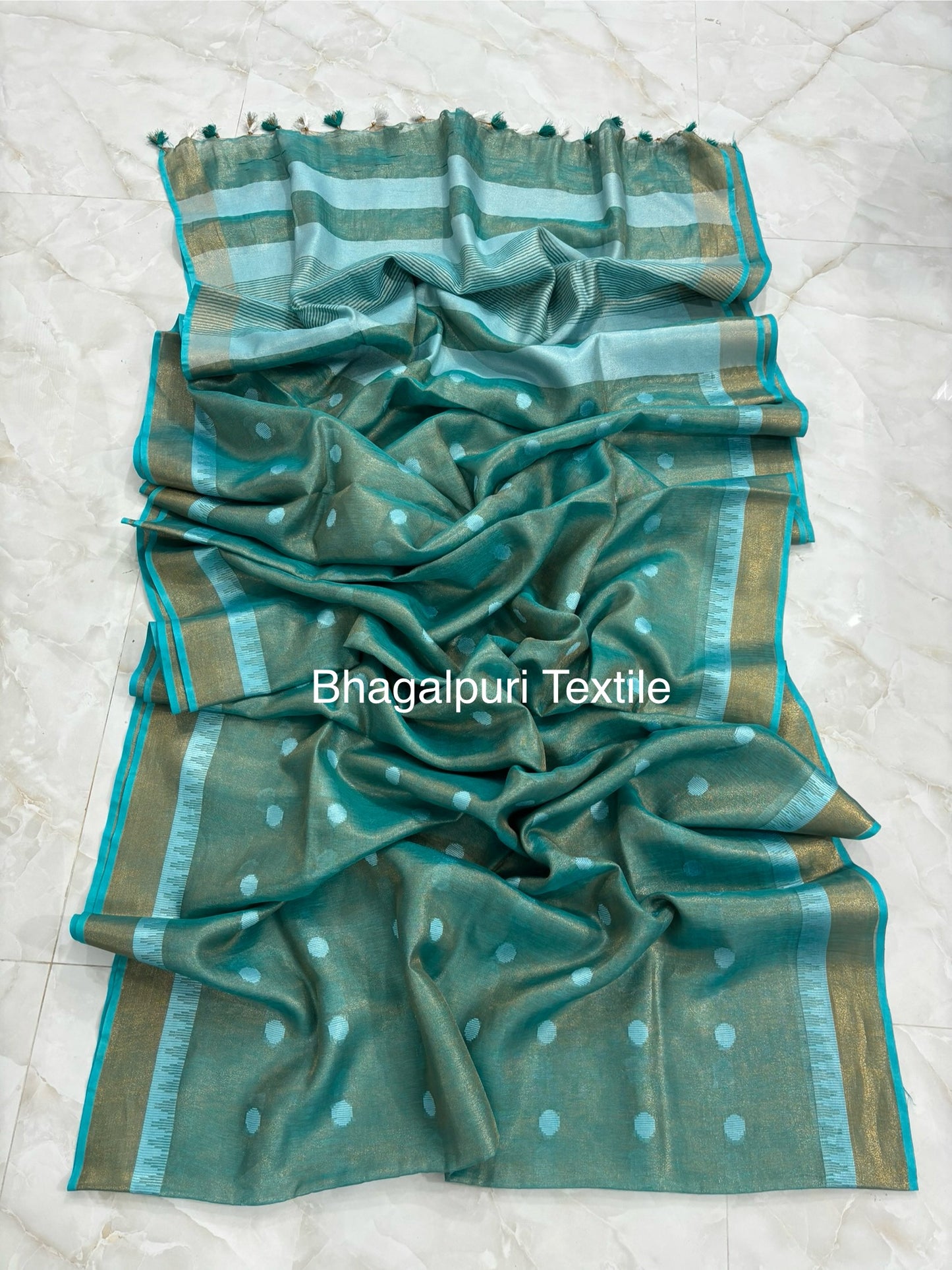 Polka Dot Linen Tissue Saree With Temple Border (Search Code-1057)