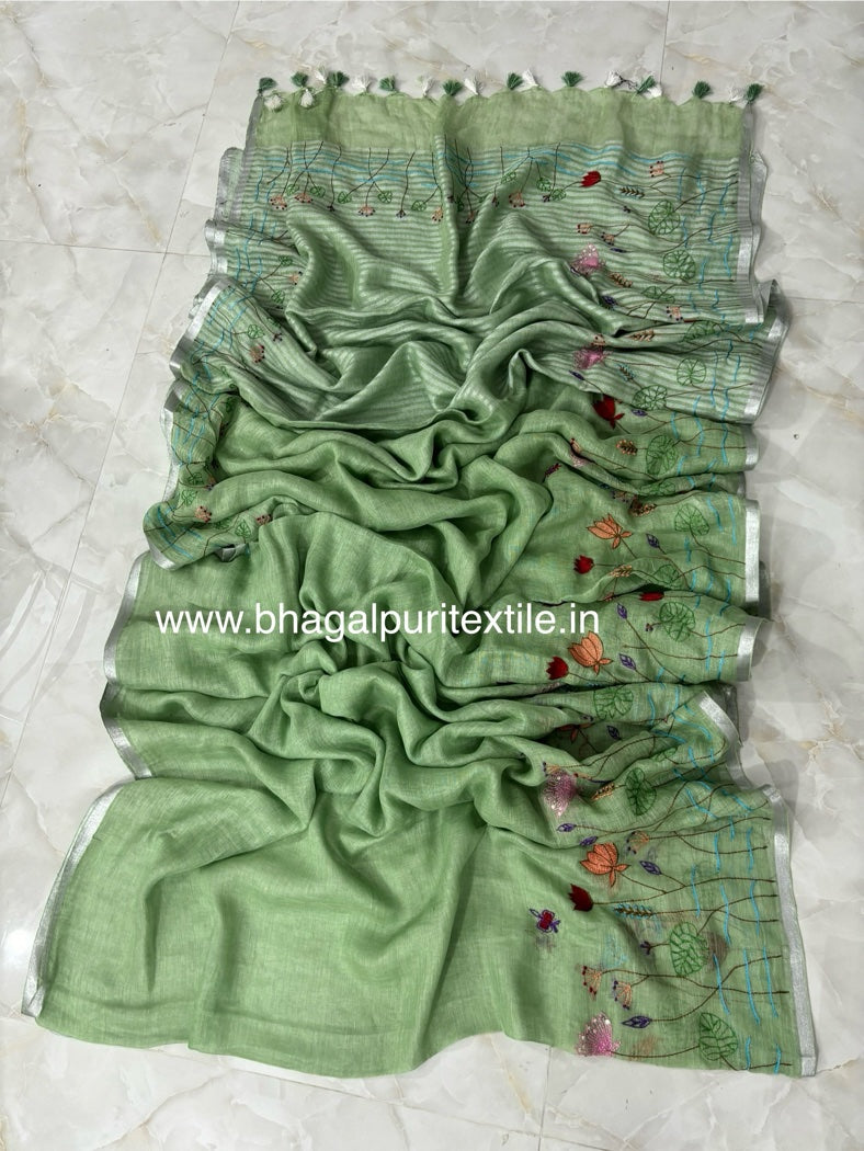 Pista Green Linen Hand Embroidered 4M Work Saree (Search Code-1052)