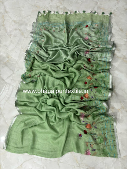 Pista Green Linen Hand Embroidered 4M Work Saree (Search Code-1052)