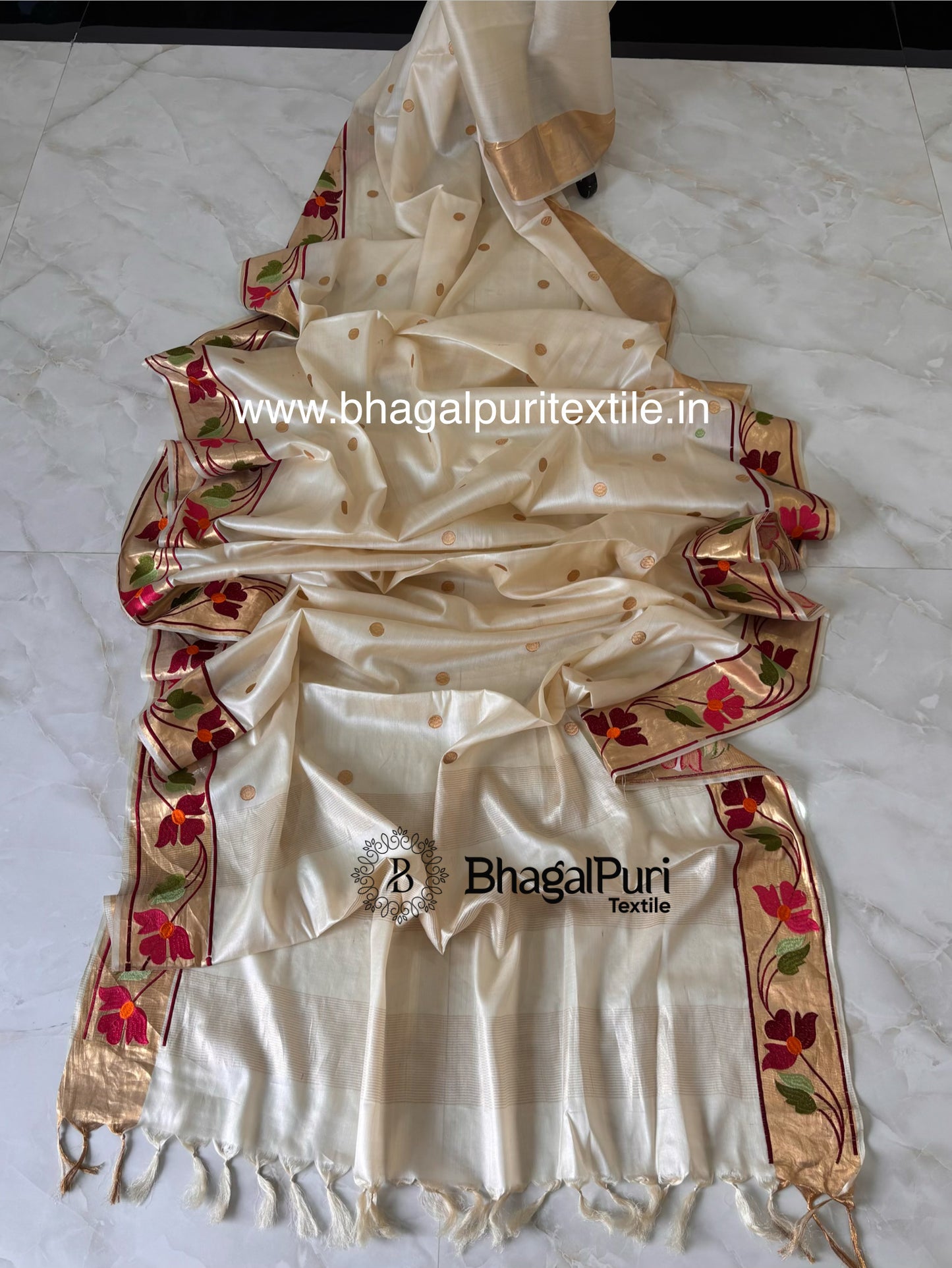 Floral Bloom Tussar Silk Saree with Golden Polka Details (Search Code-10163)